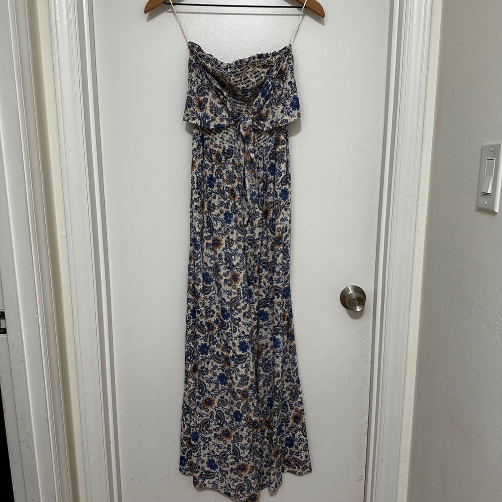 Patrons of Peace | Women's Blue Paisley Smocked Strapless Wide Leg Jumpsuit, XS